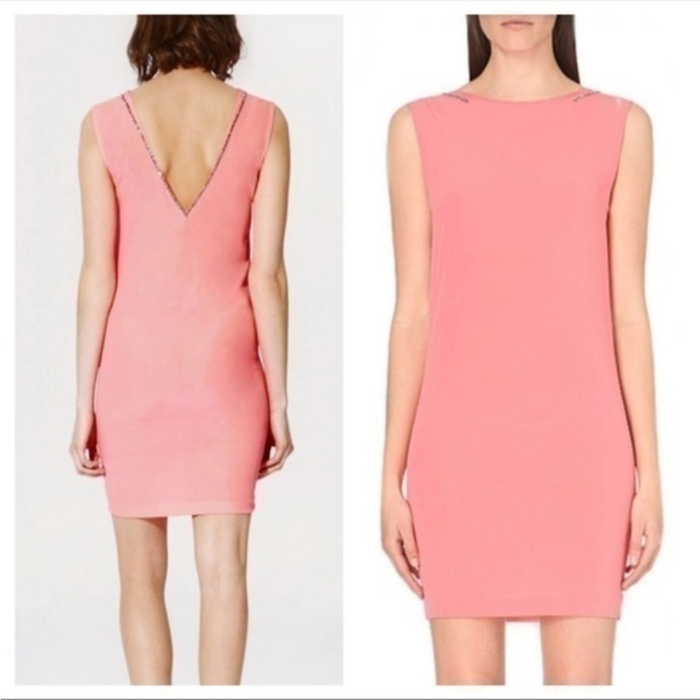Maje Roman Swarovski Crystal Embellished Silk Mini Shift Dress in Coral Pink Med